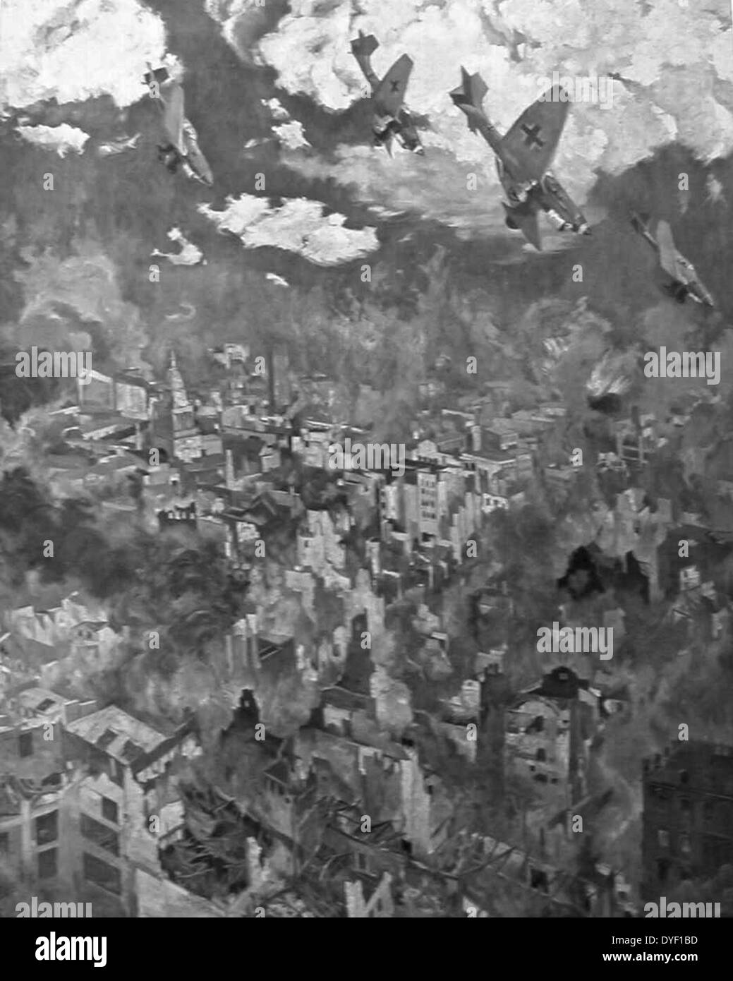 Gemälde von Georg Lebrecht der Luftwaffe Flugzeuge bombardieren die unbenannte englische Stadt. Ca. August/September 1941. Stockfoto