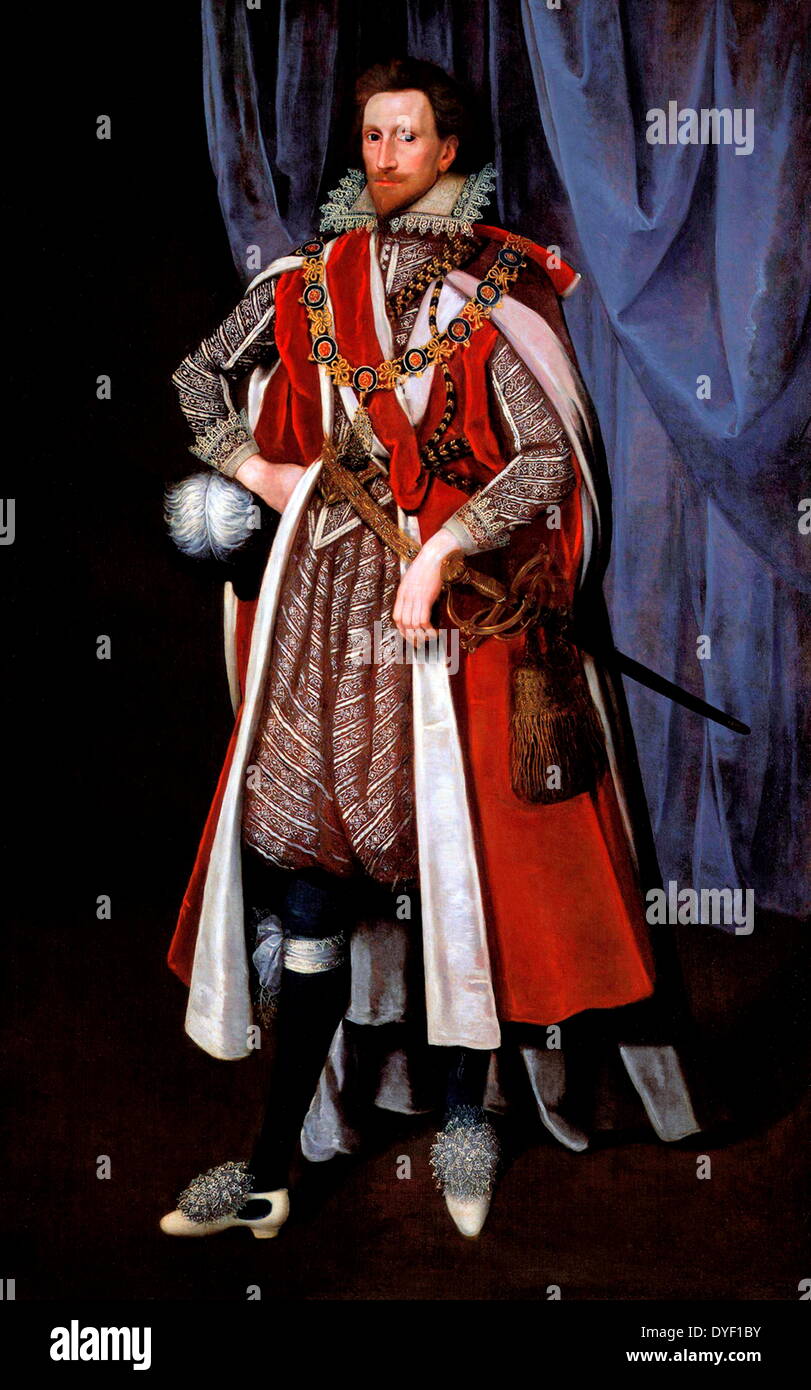 Gemalte Porträt von Philip Herbert, 4. Earl of Pembroke und 1. Earl Montgomery. Eine englische Höfling und Politiker aktiv während der Regierungszeit von Jakob I. und Karl I. zwischen dem 10. Oktober 1584 - 23. Januar 1650 lebte. Öl auf Leinwand. Stockfoto