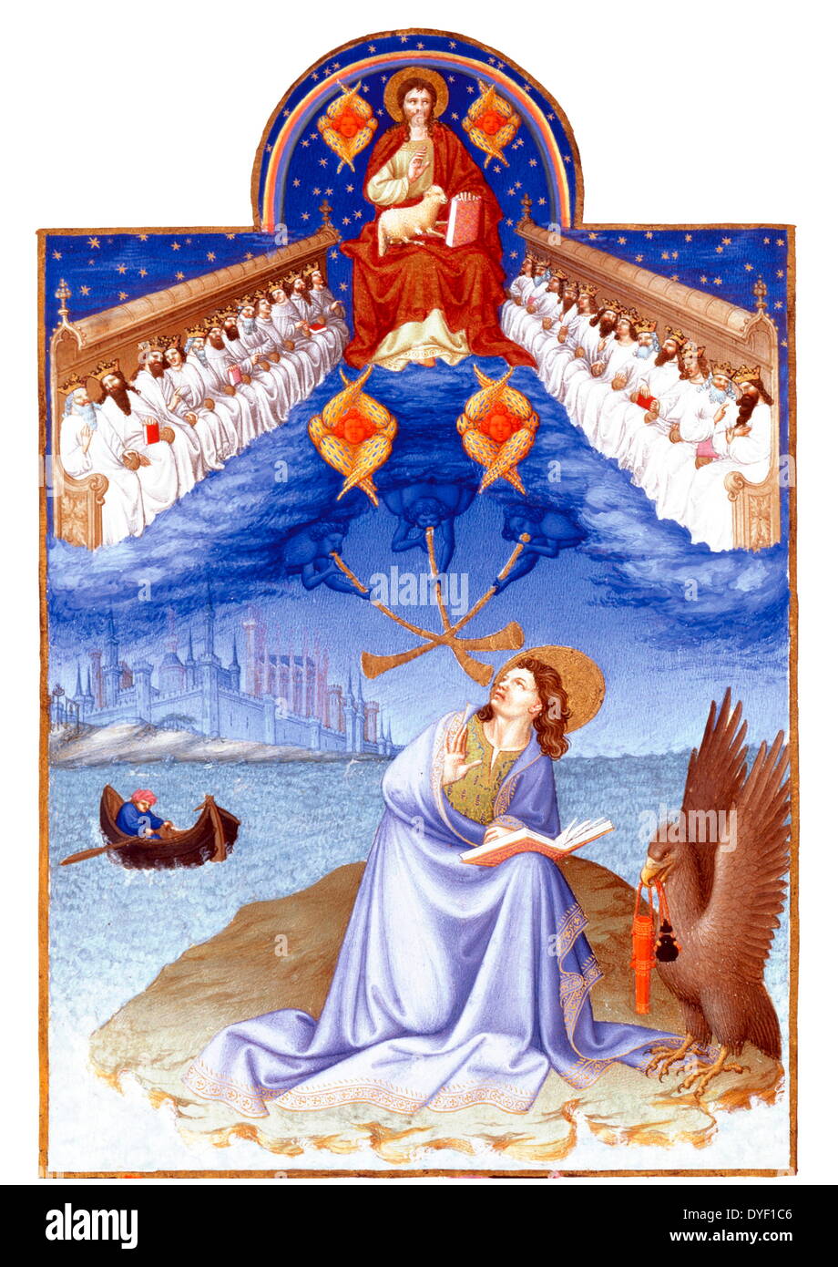 Christus und die 24 Ältesten mit John (Très Riches Heures). Meisterwerk der gotischen Beleuchtung durch die Brüder Van Limburg, 3 niederländischen Brüder, die in Paris arbeitet. Eine der zwölf Kalender Abbildungen, der seine berühmtesten Seiten machen. Ca. Anfang des 15. Jahrhunderts. Stockfoto