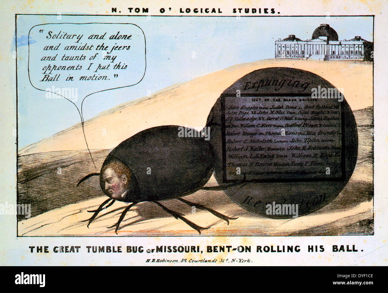 N. Tom O'logische Studien eine politische Karikatur persiflieren ehemalige Missouri Senator Thomas Hart Benton, wie: "Der große tumble Bug von Missouri, gebogen - rollin seine Kugel'. Lithographie mit Aquarell auf Papier webten. Circa 1837. Stockfoto