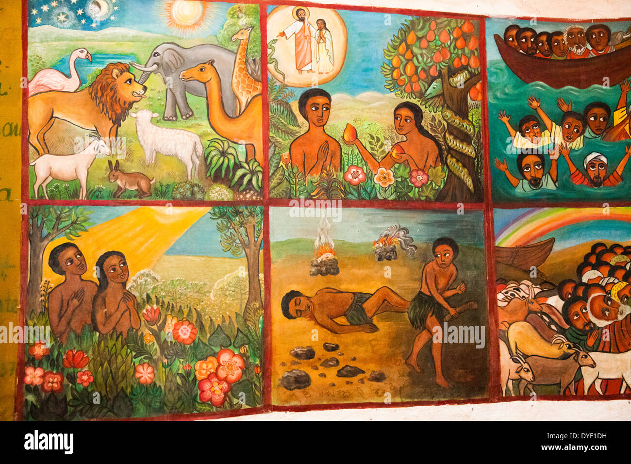 Naive Malerei (äthiopische Stil) der biblischen Geschichten in einer Kirche in Kalacha Kenia Stockfoto