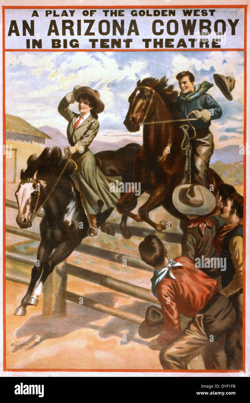Ein Stück aus dem goldenen Westen, An Arizona Cowboy im großen Zelt Theater 1907. Stockfoto