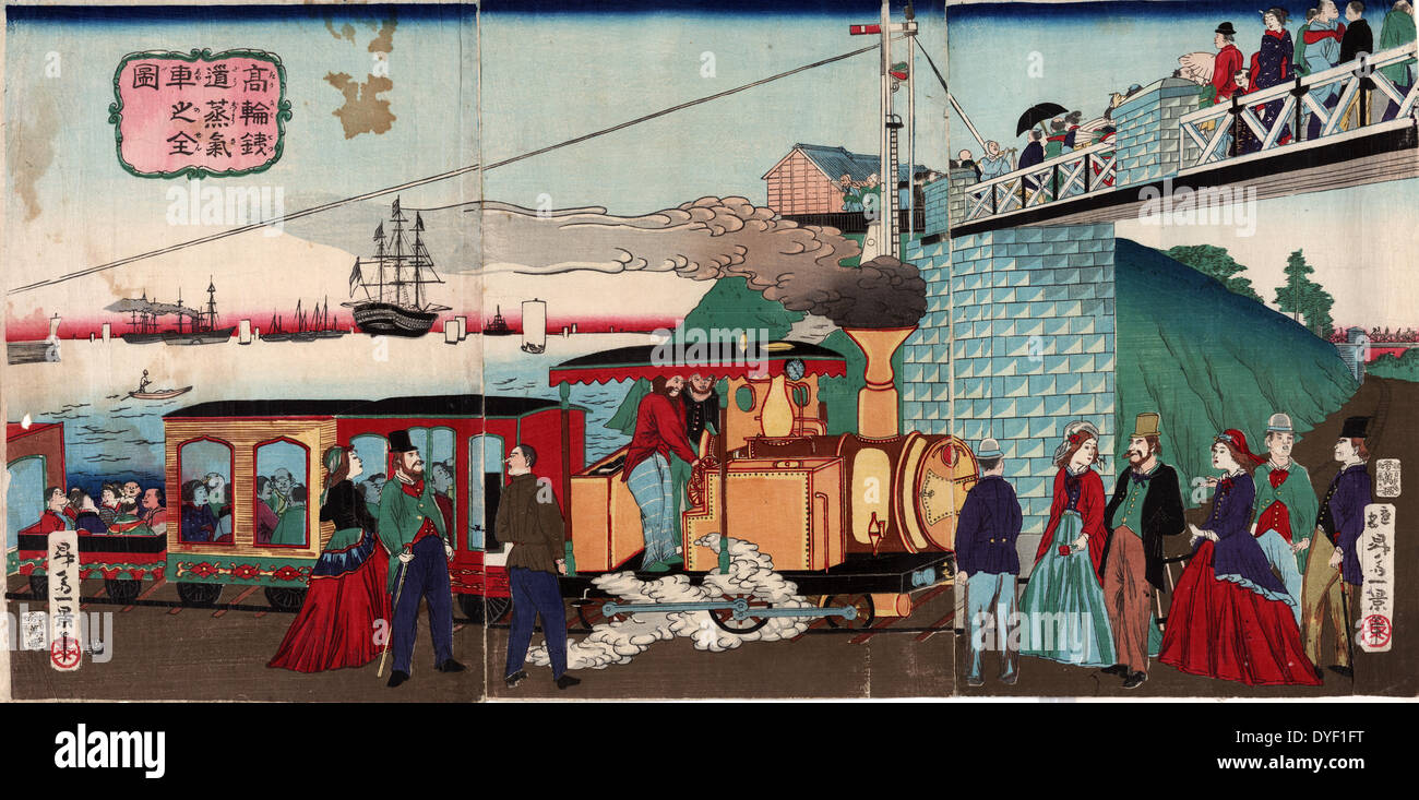 Takanawa tetsudo jokisha keine zenzu. Übersetzung: Dampfmaschine des Eisernen railroad in Takanawa. Durch Ikkei, Published: 1872. Drucken zeigt Fußgänger zu Fuß, Reisende auf der Dampfeisenbahn, und über eine Brücke in Takanawa. Stockfoto