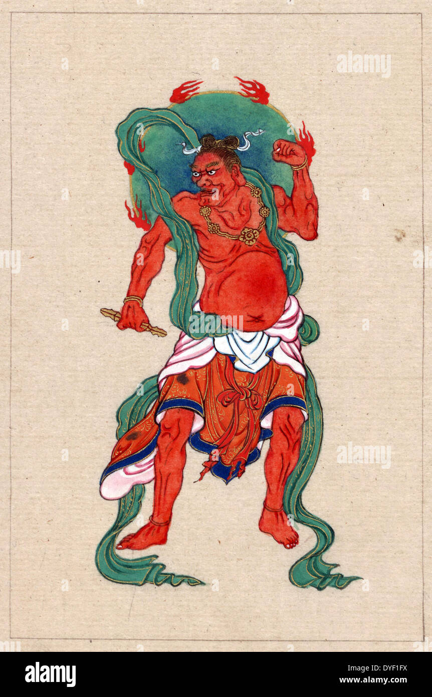 Mythologische Buddhist oder Hindu Abbildung, volle Länge, stehend, nach vorne, mit langen grünen Schärpe und flammenden grüne Halo hinter seinem Kopf. 1878 Stockfoto