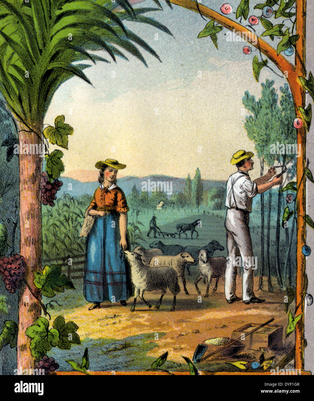 Geschenk für die grangers c 1873. chromolithograph. Werbeartikel drucken für Grange Mitglieder mit Szenen der Landwirtschaft und das Leben auf dem Bauernhof. Stockfoto