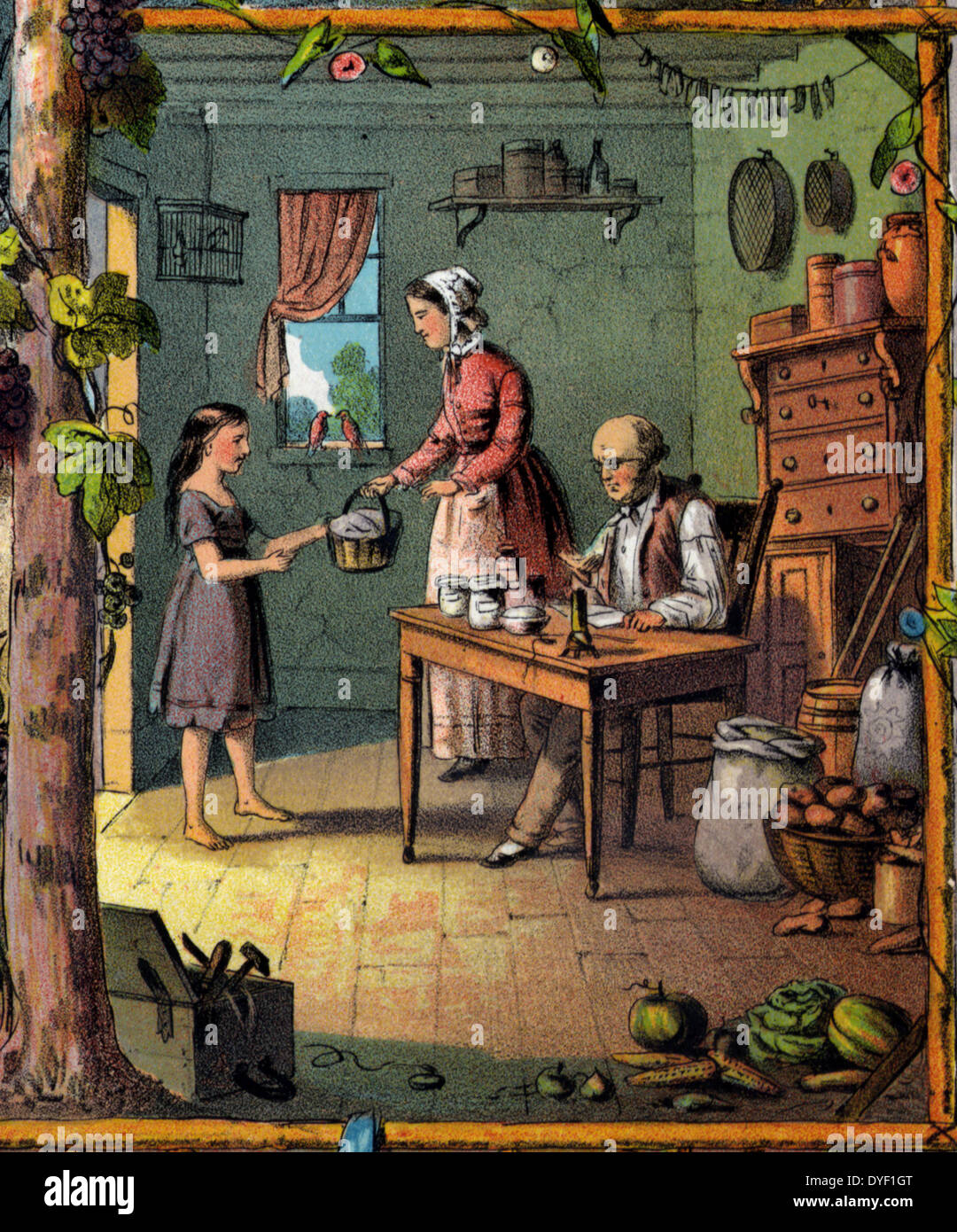 Geschenk für die grangers c 1873. chromolithograph. Werbeartikel drucken für Grange Mitglieder mit Szenen der Landwirtschaft und das Leben auf dem Bauernhof. Stockfoto