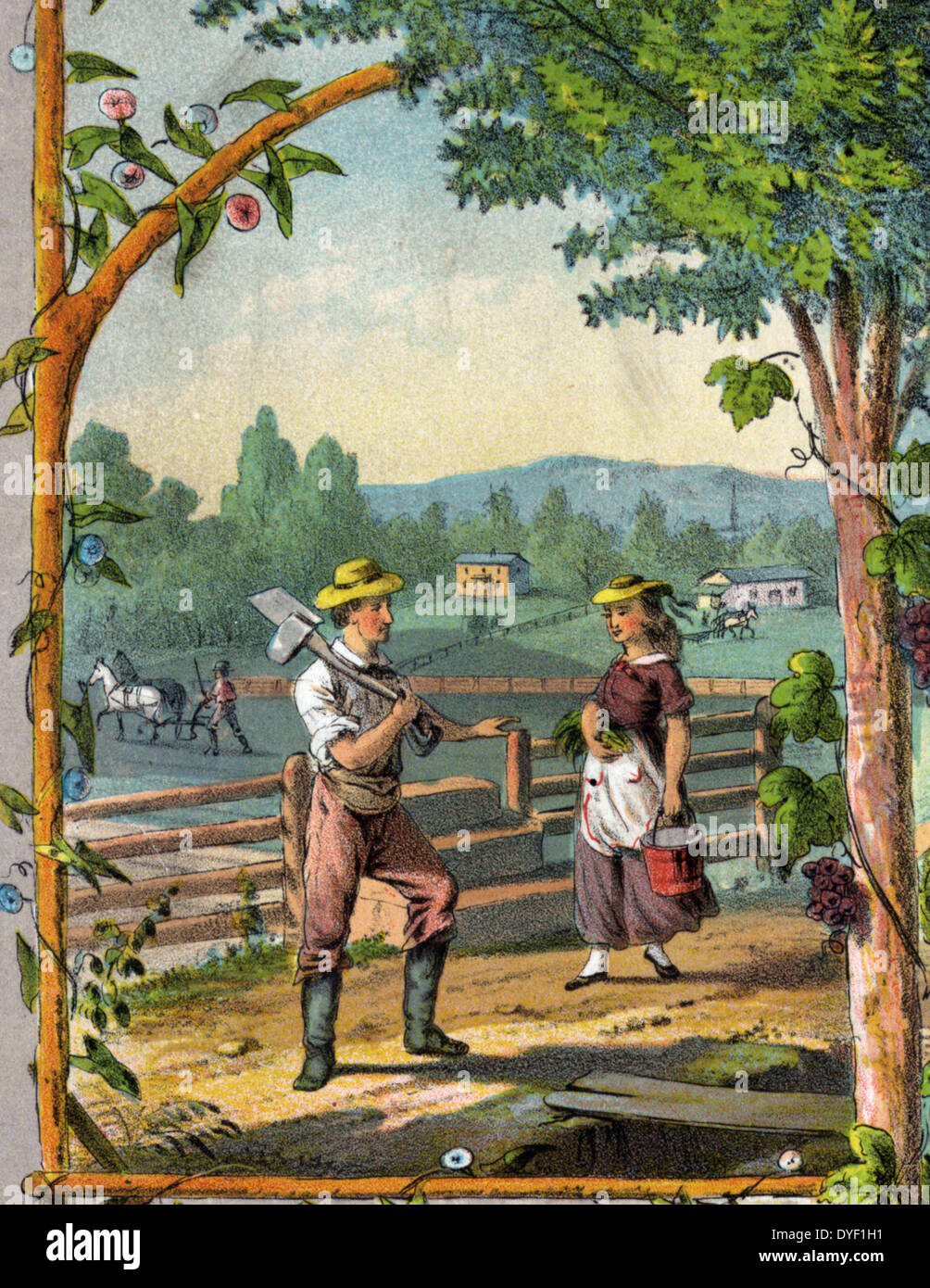 Geschenk für die grangers c 1873. chromolithograph. Werbeartikel drucken für Grange Mitglieder mit Szenen der Landwirtschaft und das Leben auf dem Bauernhof. Stockfoto