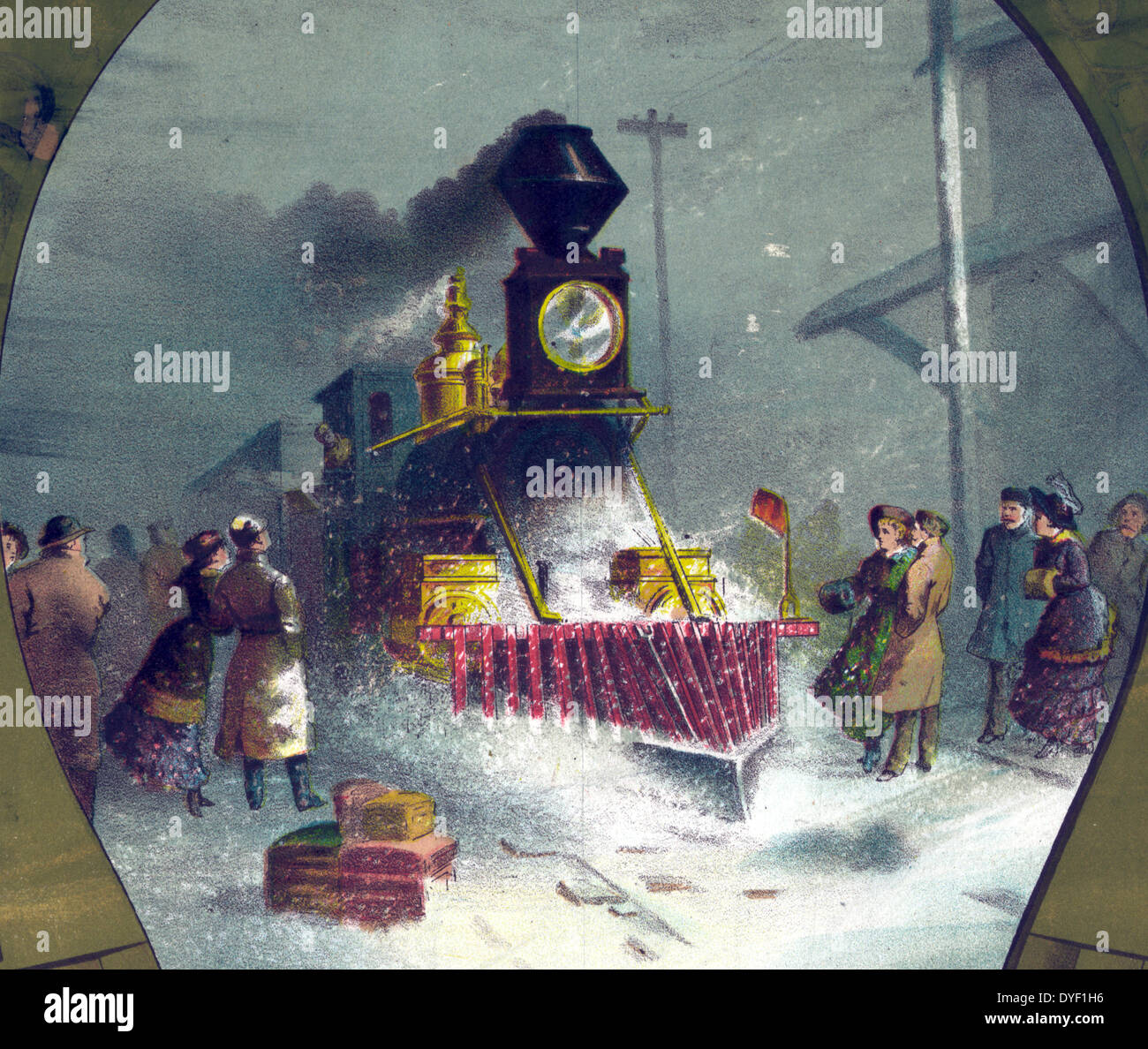 An alle, die von der Eisenbahn reisen. 1882. Drucken Übersicht, eine Lokomotive, die auf Schnee - Spuren Stockfoto