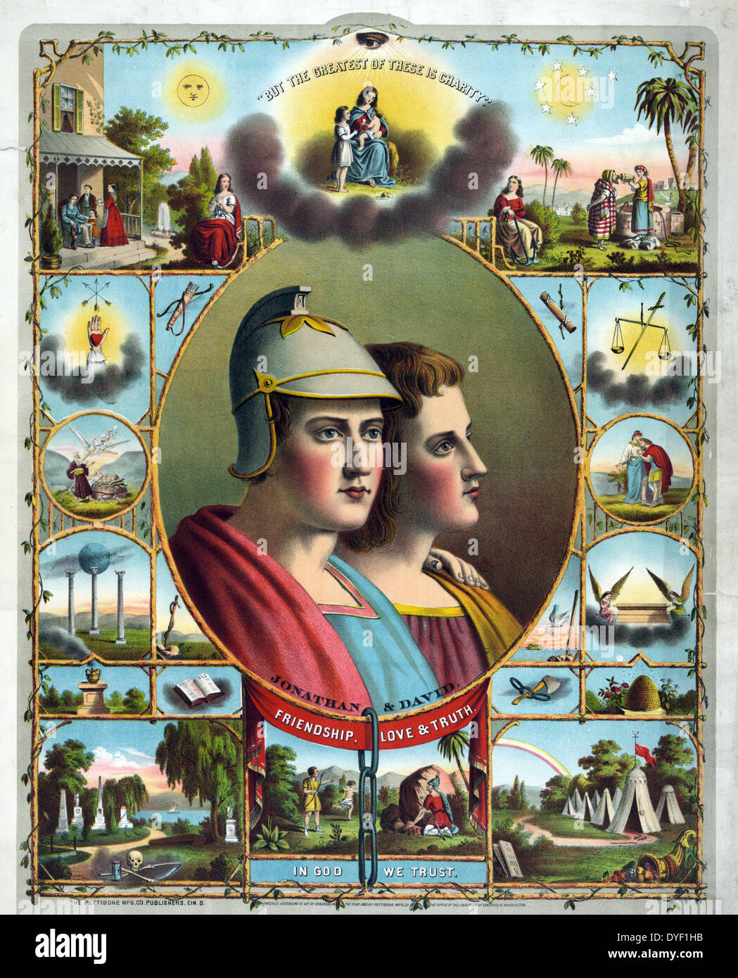 Auf Gott vertrauen wir 1883. Drucken Übersicht büste Portrait von 'Jonathan und David" in Oval durch religiöse und Freimaurer Szenen und Symbole umgeben. Stockfoto