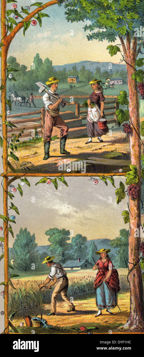 Geschenk für die grangers c 1873. chromolithograph. Werbeartikel drucken für Grange Mitglieder mit Szenen der Landwirtschaft und das Leben auf dem Bauernhof. Stockfoto