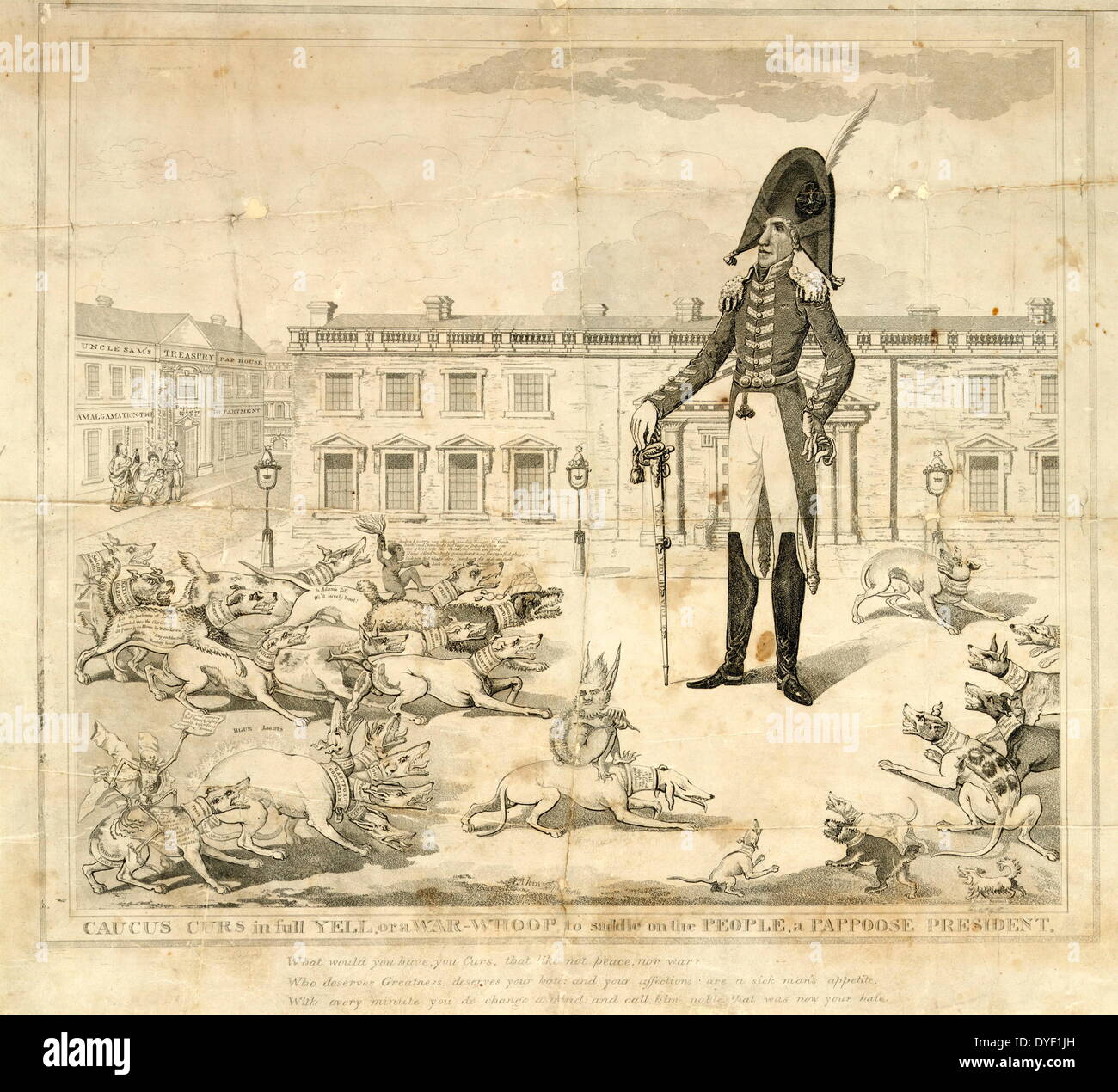 Caucus curs in voller Kreischen, oder einen Krieg whoop, auf die Menschen auf dem Sattel, ein pappoose Präsident von James Akin, circa 1824. Radierung/Gravur/Aquatinta Drucken auf Papier webten. Politische cartoon Casting kritische Kommentierung der Behandlung der Presse von Präsident Andrew Jackson. Stockfoto