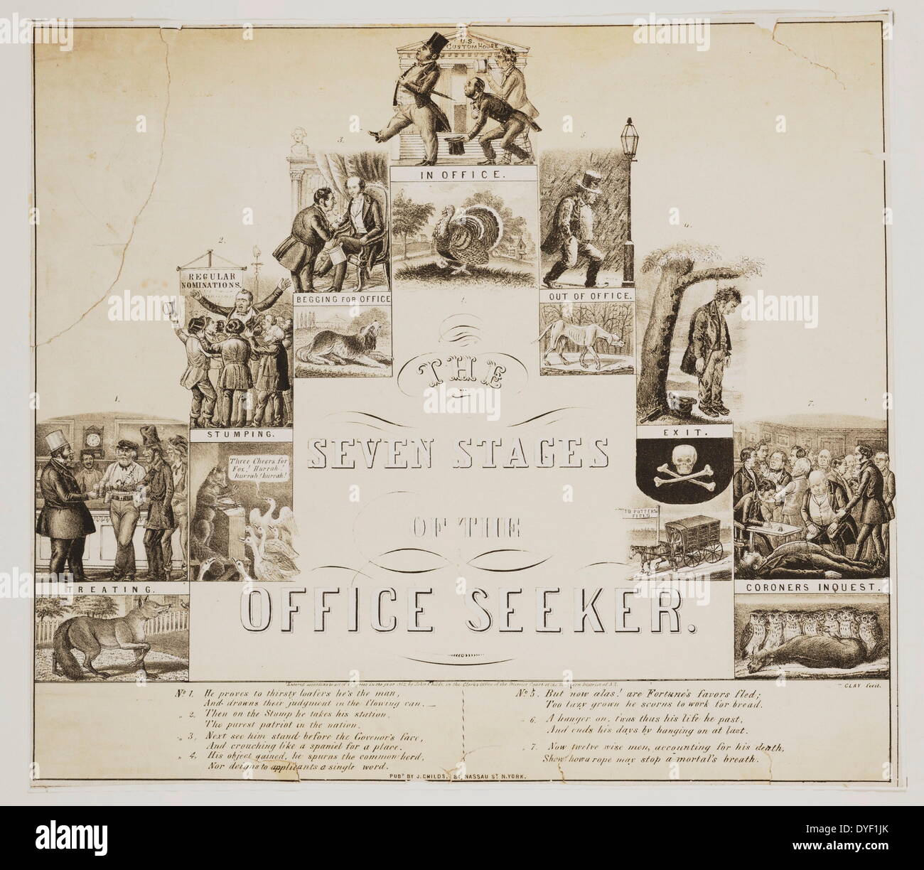 Die sieben Stufen des Amtes Sucher von Edward Williams Ton & John Childs. Lithographischen Drucken in Schwarz und Gelb buff. Eine politische Karikatur Persiflieren das Leben und die Karriere eines politischen Hack, vom Aufstieg zu fallen. Die Karikatur endet mit der Politiker aus Selbstmord tot. Circa 1852. Stockfoto