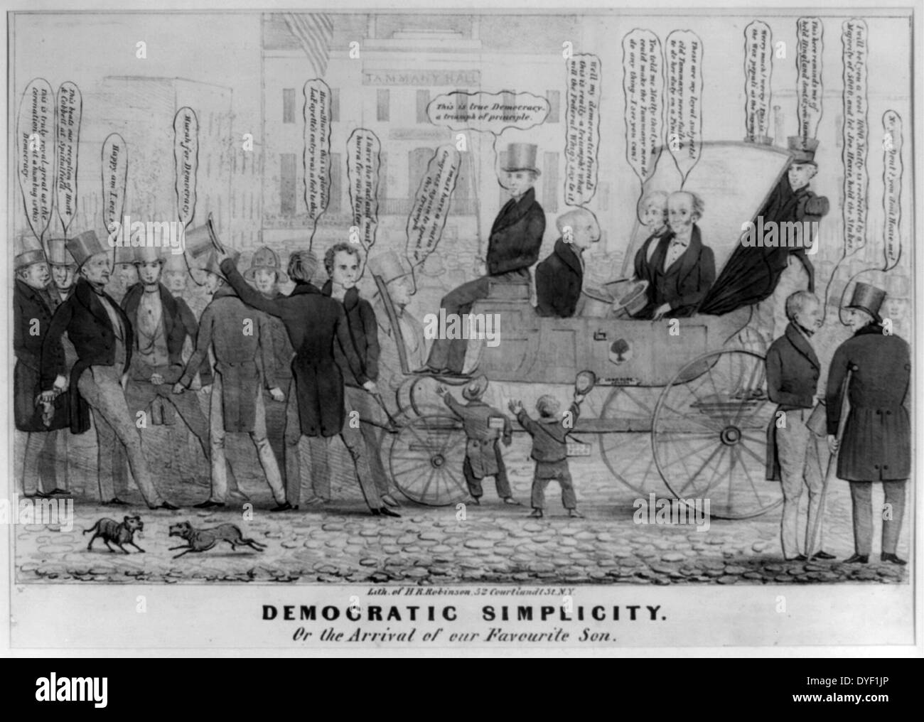 Demokratische Einfachheit oder die Ankunft unserer liebsten Sohn von Henry Dacre und Henry Robinson, circa 1840. Lithographie mit Aquarell auf Papier webten. Politische Karikatur persiflieren Van Buren und die radikale demokratische Unterstützer seiner Regierung, die "Loco Focos'. Stockfoto
