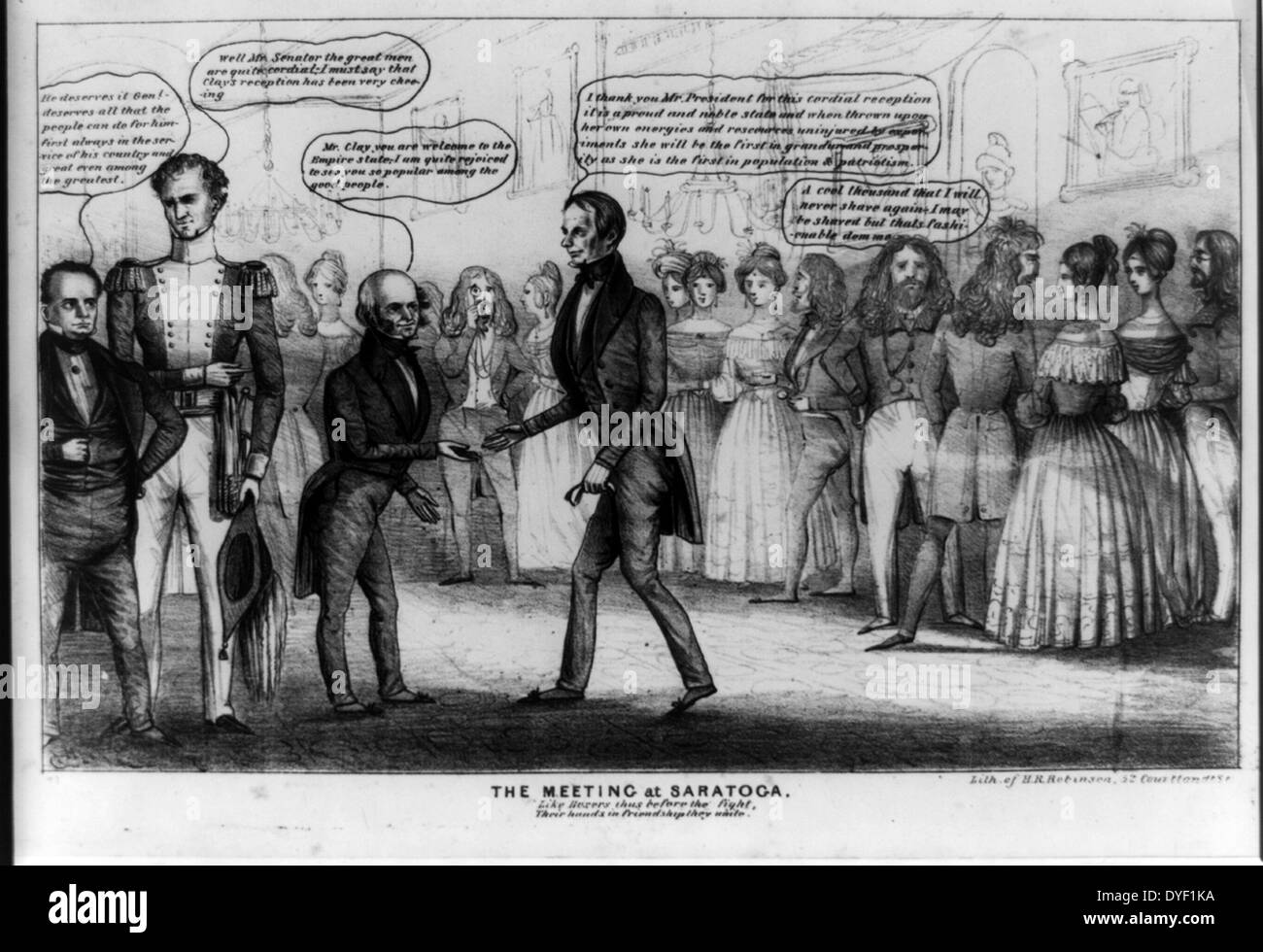 Die Sitzung, auf der Saratoga. Von Henry Dacre & Henry Robinson, circa 1839. Eine politische Karikatur schildert eine Szene von Van Buren in Saratoga Springs, New York. Das Bild zeigt Van Buren mit Henry Clay unterhalten und bevorzugt Lehm im Licht seiner Bemühungen in New York. Mit dem Untertitel "wie Boxer damit vor dem Kampf, ihre Hände in Freundschaft, die Sie vereinigen. Stockfoto