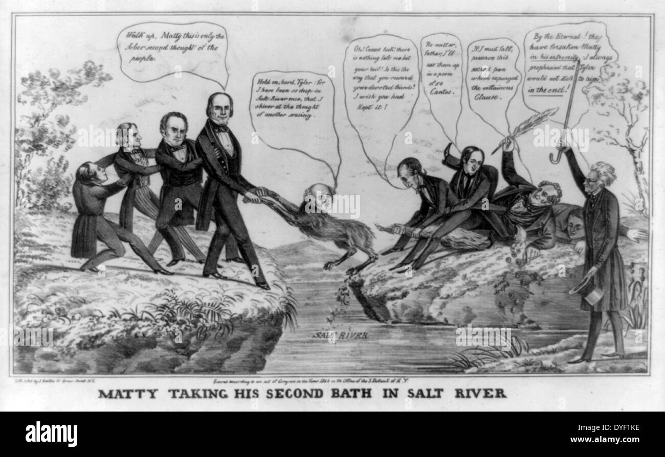 Matty unter seinem zweiten Bad in Salt River durch H Bucholzer & James Baillie, circa 1844. Lithographie Drucken auf Papier webten. Eine politische Karikatur persiflieren Van Buren die fehlende Unterstützung für seinen zweiten Versuch an der Wiederwahl des Präsidenten. Van Buren wird gezeigt, wie ein Fuchs hineingezogen werden in ein Salt River (Vertretung), sein Schwanz abgerissen und seine Grundlage verloren. In der Nähe, Andrew Jackson Shouts, prognostizierte er seine 'Freunde' ihn unterstützen würden. Stockfoto