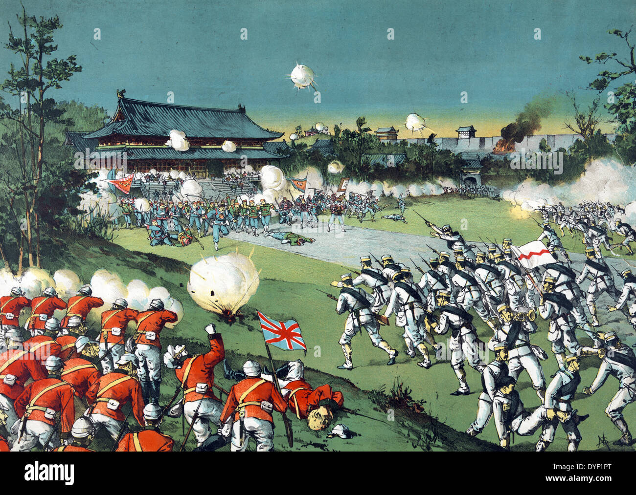 Der Fall der Pekin schloss, die feindliche Armee von der kaiserlichen Burg durch die alliierten Armeen durch Torajiro Kasai, Artist 1900 geschlagen. Drucken zeigt die alliierten Armeen in Richtung der Boxer Kräfte außerhalb der Kaiserburg in Peking, China voran. Stockfoto