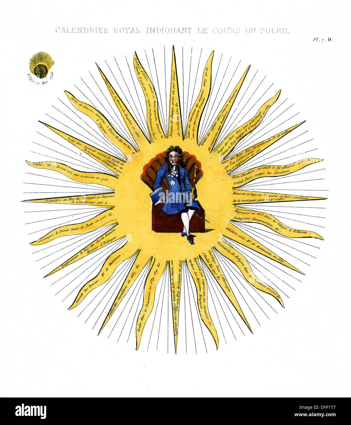 Calendrier royal indiquant le cours du Soleil 1706. Drucken zeigt Ludwig XIV. auf einer Box mit Lüfter sitzt in der Mitte einer Sonne geprägt. Die zahlreichen Strahlen der Sonne Dokument demütigungen an den König zugeschrieben zwischen 1667 und 1705, wie z.b.: 'Ehebrecher avec Me. de Montespan en 1670' - 'Legitimer des enfans batards, le Pr. du Maine, Sohn fils et de Me. de Montespan en 1673' - 'Inceste avec Le femme du Dauphin en 1680' - 'Corrompre le Prince Louis de Bade en 1705&c" und "acrilege dans l'Allemagne, l'Italie&c1705 &c.", stellt die Sonnenfinsternis vom 12. Mai 1706. Stockfoto