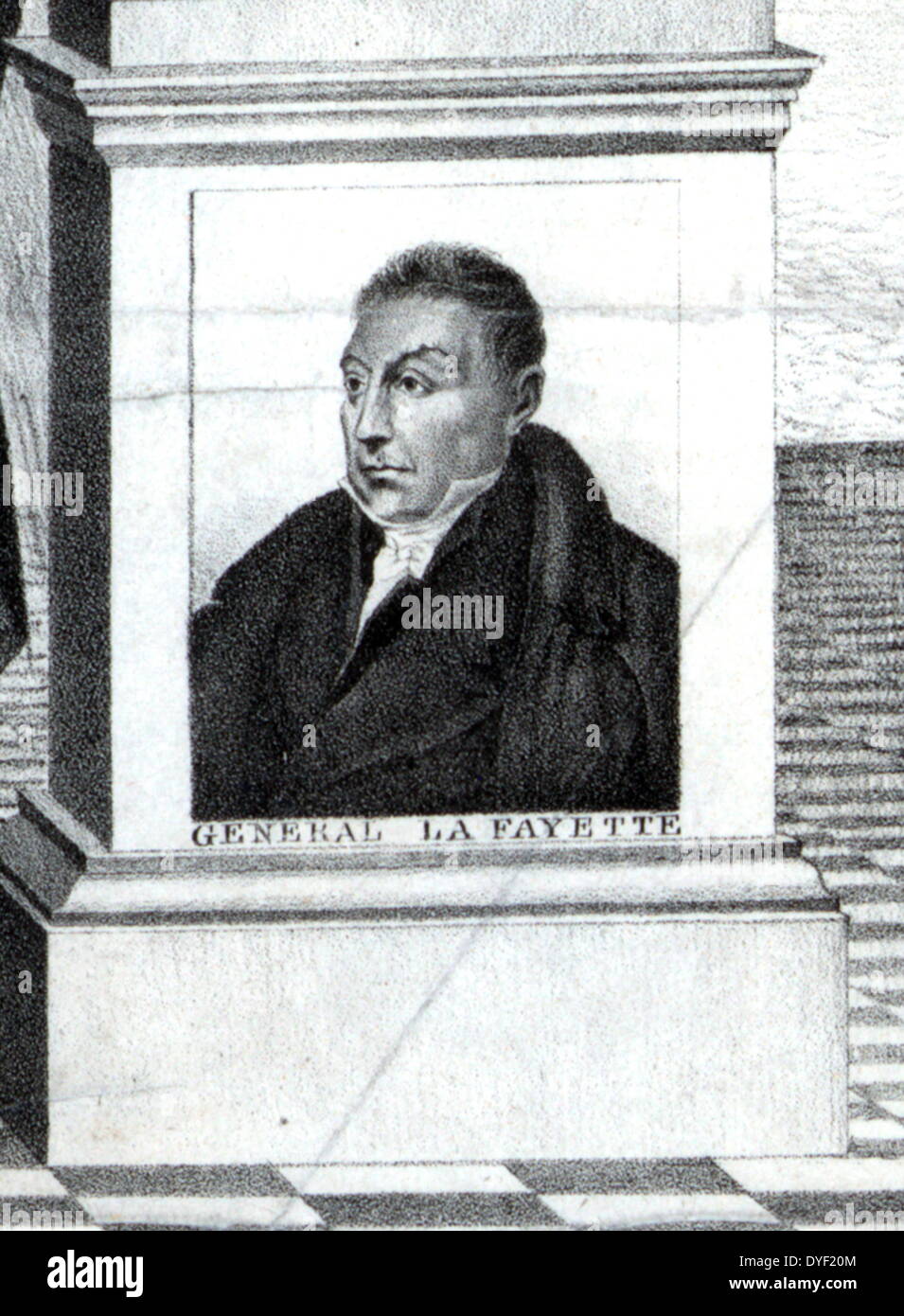 Karikatur Portrait von General La Fayette, der innerhalb einer politischen Abbildung aus dem Jahr 1800 namens 'Unabhängigkeit 1776 - Die Union muss erhalten werden". Detail auf der Basis einer Spalte in der Abbildung. Pendant zum Porträt von General Warren (innerhalb der gleichen allgemeinen Abbildung enthalten.) Stockfoto