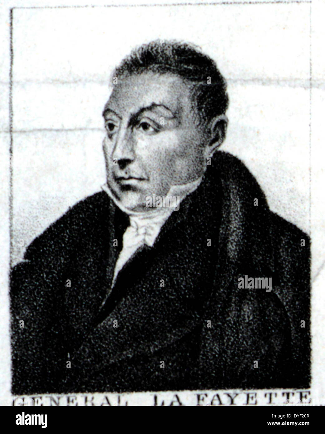 Karikatur Portrait von General La Fayette, der innerhalb einer politischen Abbildung aus dem Jahr 1800 namens 'Unabhängigkeit 1776 - Die Union muss erhalten werden". Detail auf der Basis einer Spalte in der Abbildung. Pendant zum Porträt von General Warren (innerhalb der gleichen allgemeinen Abbildung enthalten.) Stockfoto