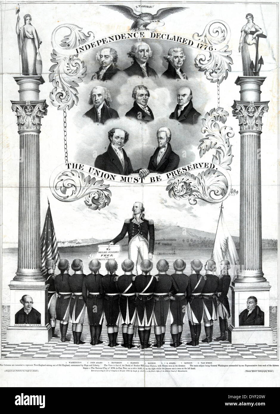 Politische Abbildung "Unabhängigkeit 1776 - Die Union muss erhalten werden". Aus dem Jahr 1800. Zeigt die Gründerväter der Vereinigten Staaten Mitte Länge Porträt, von zwei Säulen, die die Zunahme von alten england Neu-England flankiert. Unter den Porträts eine Szene von George Washington, eine Rede zu den Männern. In der Ferne sehen Sie eine Schlacht führen auf einem fernen Hügel. An der Basis der jede Spalte ist ein Portrait von General Warren und Allgemeine La Fayette. Stockfoto