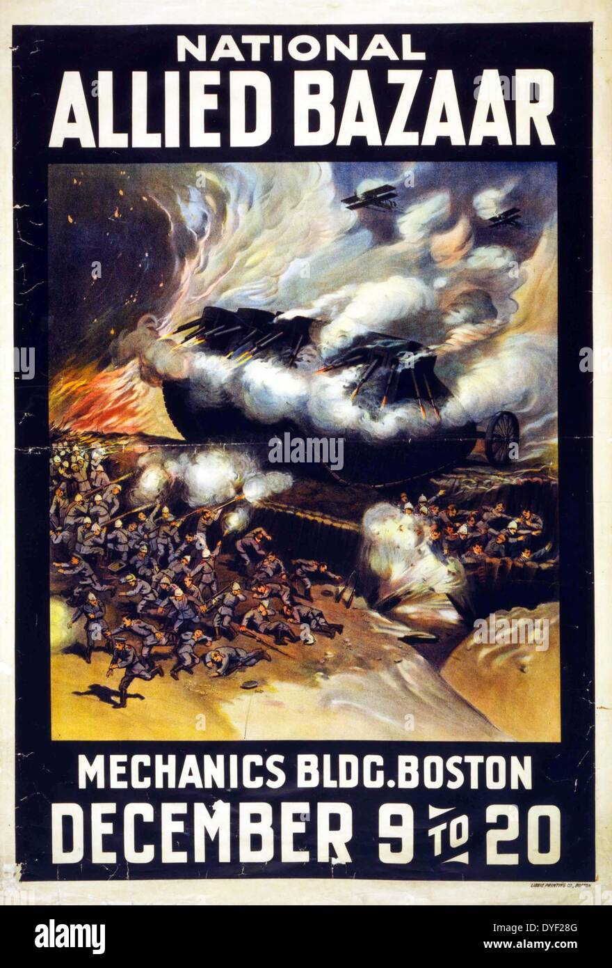 Nationale verbündete Basar Mechanik von libbie Printing Co., Boston. Poster mit einer Kampfszene mit Allied Tank, Gräben, und Flugzeuge. Vom 1917 Stockfoto