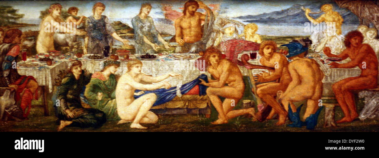 Panel von der unvollendeten, dreidimensionale Arbeiten mit dem Titel "Die Geschichte von Troja" von Edward Burne-Jones. Circa 1889. Diese Anzeige zeigt die Hochzeit von Peleus auf Thetis, in dem eine Fledermaus geflügelte Kreatur namens Zwietracht verursacht eine zwischen der weibliche Göttinnen streiten. Öl auf Leinwand. Stockfoto