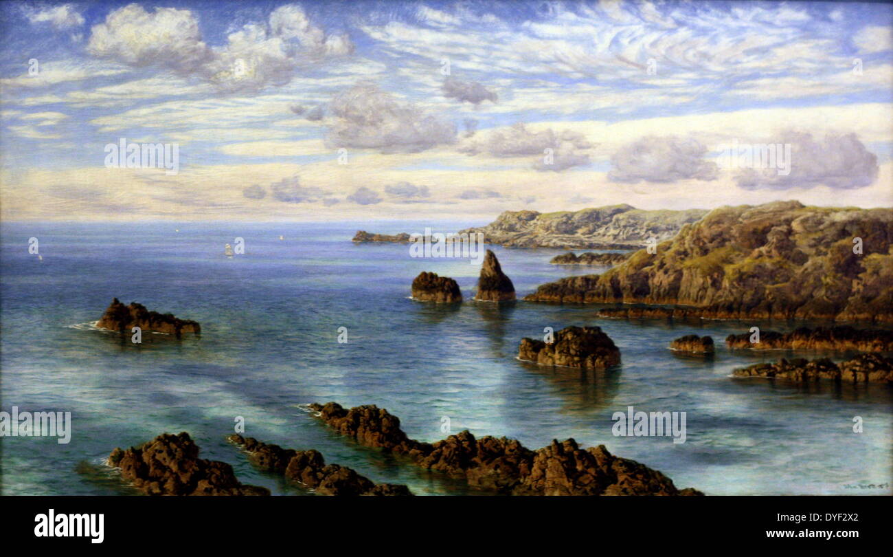 Die südliche Küste von Guernsey von John Brett. Landschaft Öl auf Leinwand, ca. 1875. Brett lebte zwischen 1831-1902. Dieses Gemälde zeigt seine Liebe für den Küsten- und Meereslandschaften. Die Landschaft in diesem Bild ist die Bucht von Moulin Huet. Stockfoto