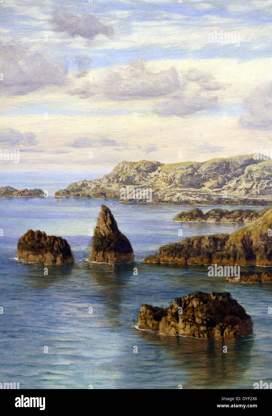Die südliche Küste von Guernsey von John Brett. Landschaft Öl auf Leinwand, ca. 1875. Brett lebte zwischen 1831-1902. Dieses Gemälde zeigt seine Liebe für den Küsten- und Meereslandschaften. Die Landschaft in diesem Bild ist die Bucht von Moulin Huet. Stockfoto