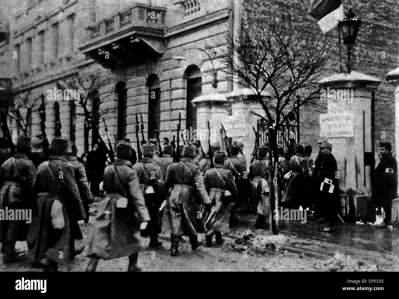 Russische Soldaten vorab in Przemysl, Polen. Im August 1914, zu Beginn des Ersten Weltkriegs, der Russischen Streitkräfte besiegt Österreichisch-ungarischen Truppen in der öffnung Engagements und erweiterte sich rasch in Galicien Stockfoto