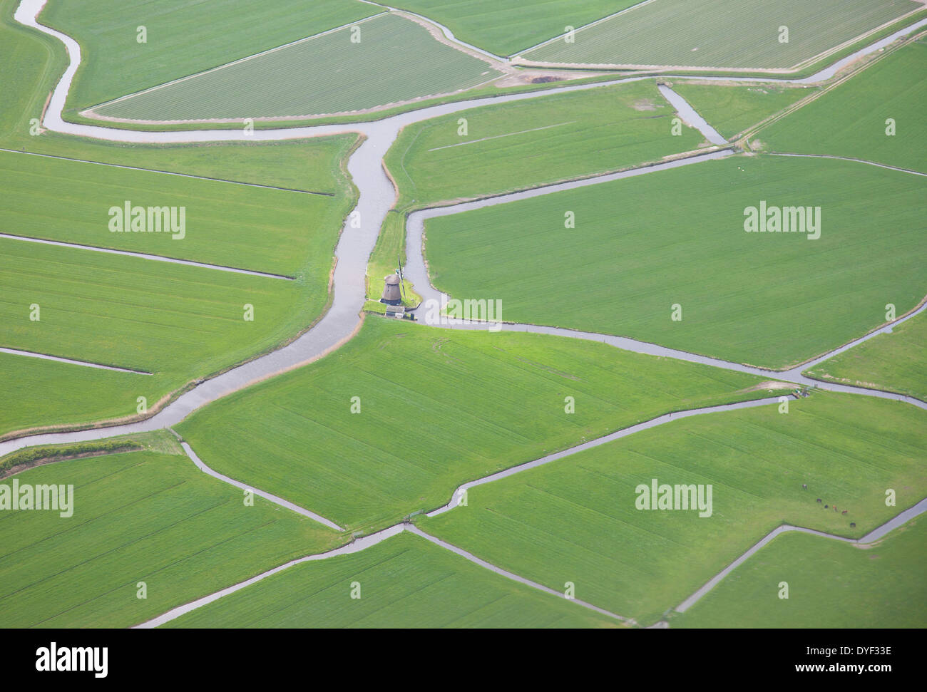 Grüne Landschaft mit Wasser und Windmühle von oben, Niederlande Stockfoto