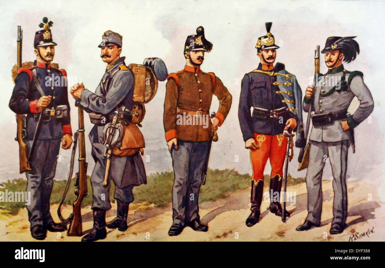 Abbildungen der militärischen Uniformen für die Britische und Commonwealth Armeen. Zeigt die Seite an Seite in Gruppierungen von 5. Diese Serie umfasst alle Arten zu der Zeit. Illustriert von beliebten und produktiver Künstler Richard Simkin (1850-1926) Im ersten Teil des 20. Jahrhunderts. Stockfoto