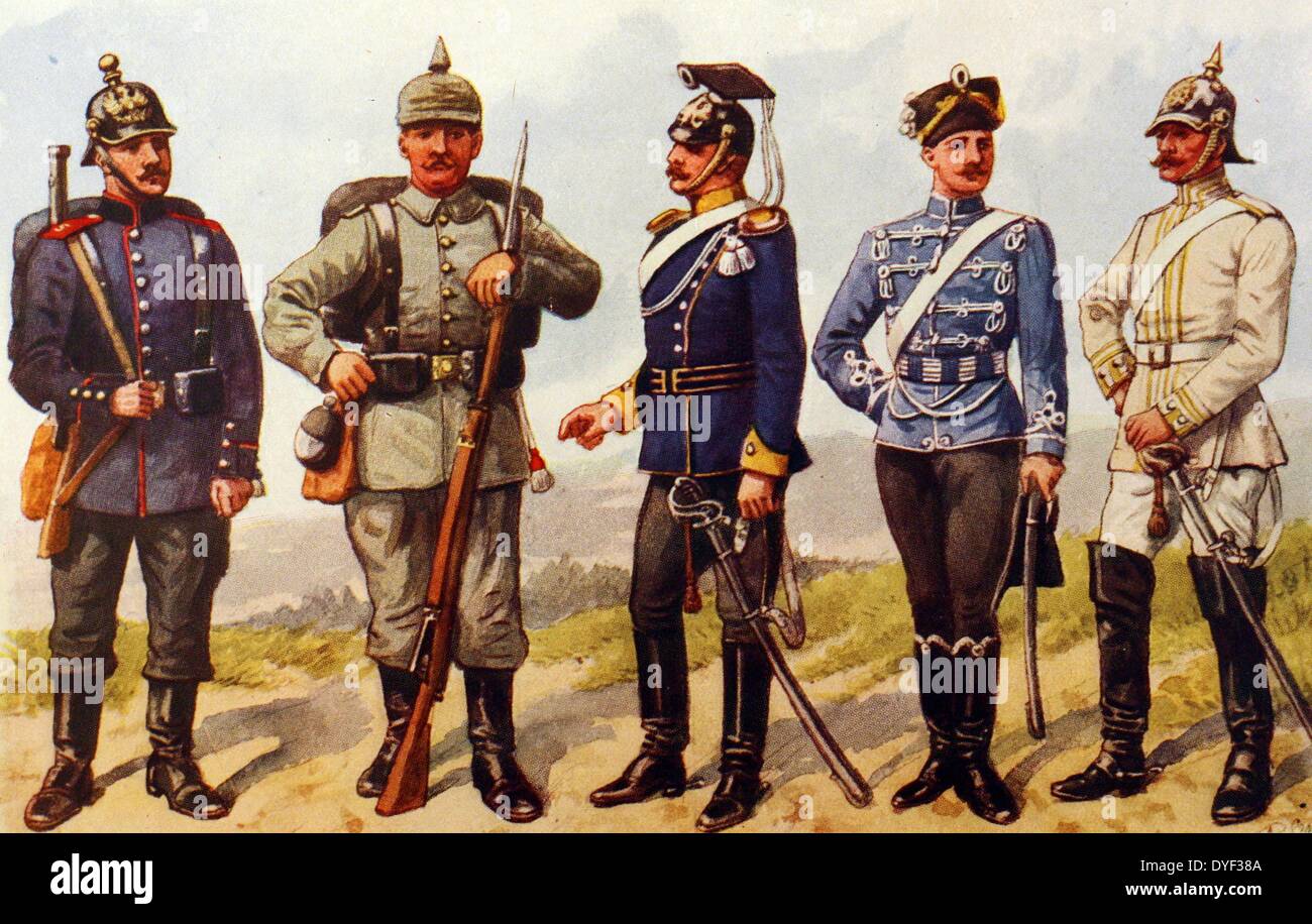 Abbildungen der militärischen Uniformen für die Britische und Commonwealth Armeen. Zeigt die Seite an Seite in Gruppierungen von 5. Diese Serie umfasst alle Arten zu der Zeit. Illustriert von beliebten und produktiver Künstler Richard Simkin (1850-1926) Im ersten Teil des 20. Jahrhunderts. Stockfoto