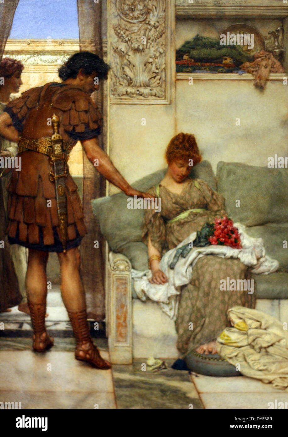 Ein stiller Gruß von Lawrence Alma-Tadema. Öl auf Holz, ca. 1889. Das Bild zeigt einen römischen Soldaten verlassen Blumen in den Schoß von seinem Geliebten, Sie zu überraschen, wenn sie aufwacht. Alma-Tadema war berühmt für Malerei das Alltagsleben der Menschen vergangener Epochen, um das Klischee der Malerei das antike Rom als Land der Götter und Heroics umgehen. Seine visuellen Stil ist erstaunlich realistische, grenzt auf der fotografischen. Stockfoto