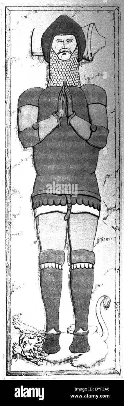 Abbildung eines toten Soldaten. Gezeigt in seinem Kampf Kleidung mit seinen Händen zu beten, Position und seine Füße auf einen Löwen. Ca. 13.-14. Jahrhundert n. Stockfoto