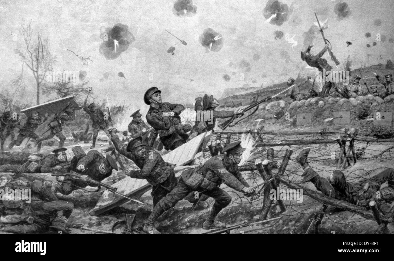Abbildung: Darstellung einer Schlacht während des Ersten Weltkrieges. Zeigt die Brutalität in den Schlachten. Circa 1914-1918. Stockfoto