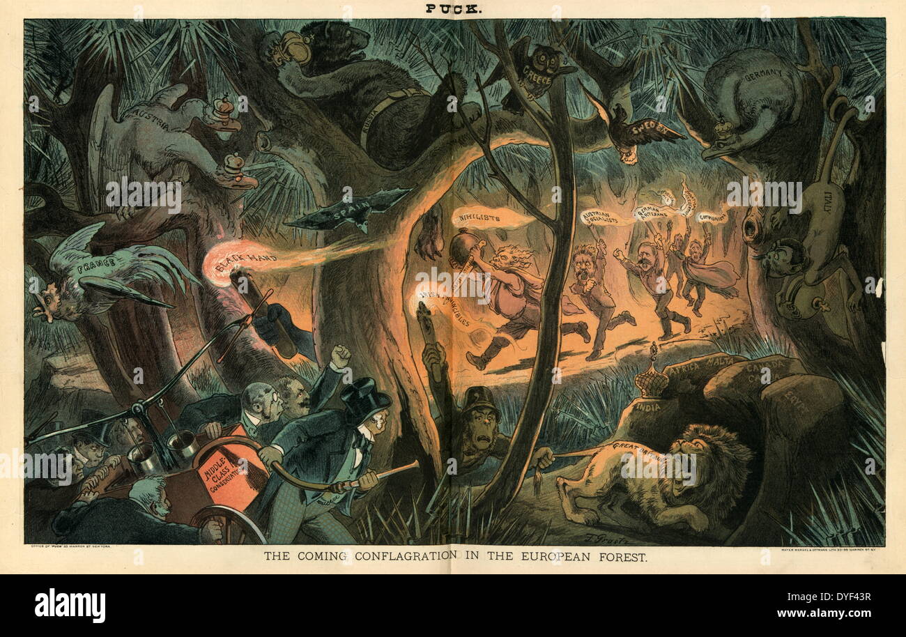 Satirische Cartoon "The Coming Feuersbrunst in der Europen Wald" genannt. Stockfoto