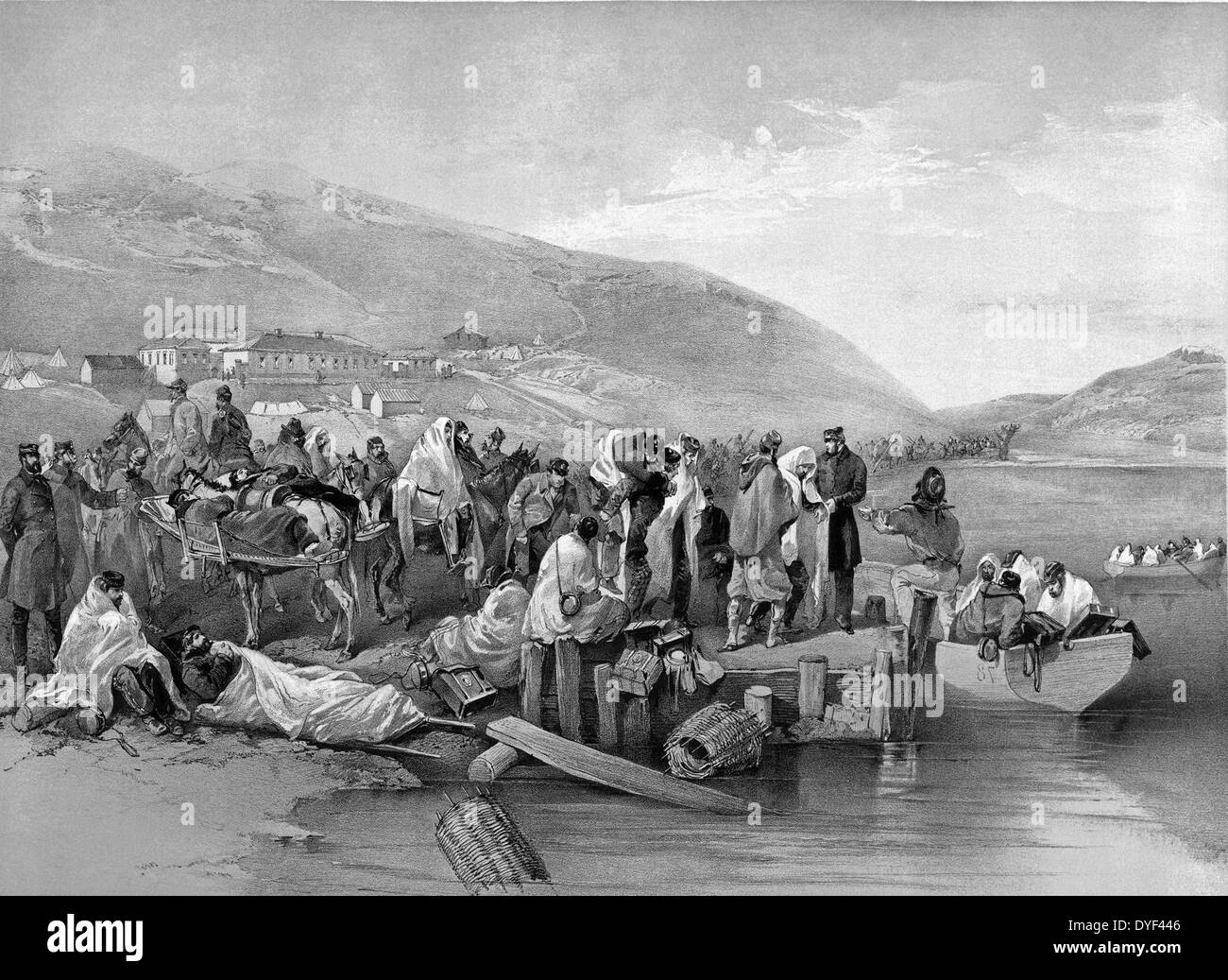 Die Einschiffung der Kranken in Balaklawa veröffentlicht 1855. Eine Abbildung zeigt einige der Opfer, die während des Krimkrieges aufgetreten ist, ein Krieg, in dem das Königreich Sardinien und die französischen, britischen, russischen und Osmanischen Reiche für Einfluss auf Gebiete in der Region gekämpft. Stockfoto