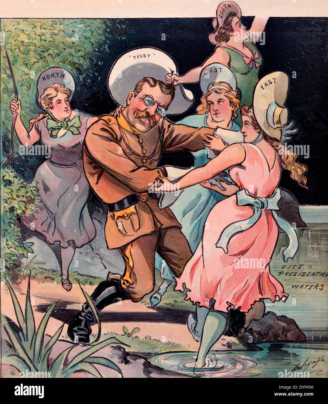 Der Kampf für das Leben 1900. "Teddy" Roosevelt, in seiner rauhen-rider Uniform, gezogen zu 'Vice Presidential Gewässer" durch vier Frauen mit der Aufschrift "Norden", "Osten", "Süden" und "Westen". Stockfoto