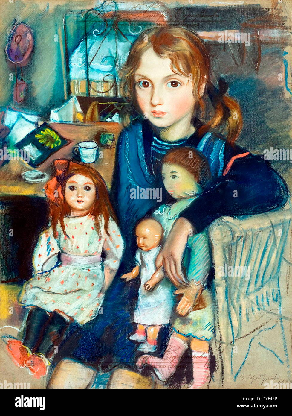 Katya durch russische Künstler Zinaida Serebriakova. Zwischen 1884-1967 lebte. Zinaida war unter den Ersten, die russischen Künstlerinnen, Anerkennung zu gewinnen. Das Bild zeigt die Darstellung eines jungen Mädchens und ihrer Puppen. Stockfoto
