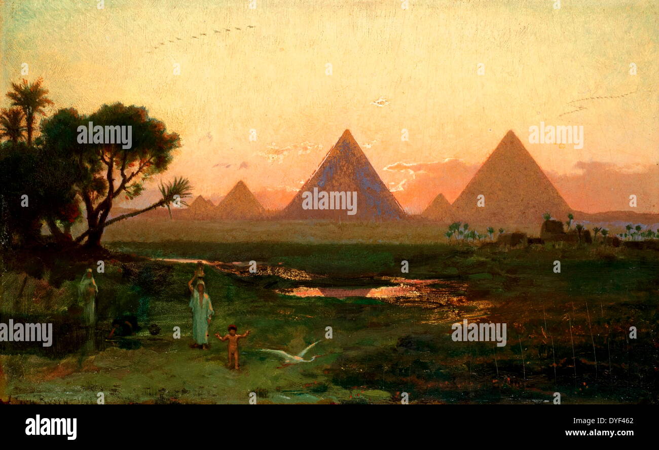 Die Pyramiden von Gizeh von der Bank des Nils, von Georg von Rosen. Öl auf Leinwand, ca. 1868. Ein schwedischer Maler, der von 1843-1923 lebte. Stockfoto