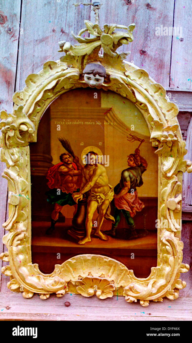 Zwei Symbole in der Kirche des Propheten Elias, 1909. Sergey Prokudin-Gorsky. Stockfoto