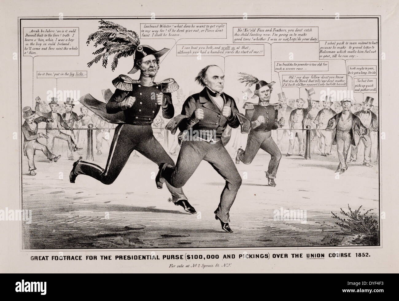Der große Wettlauf für die Präsidentschaftswahlen Geldbeutel 1852. Satire auf die Präsidentschaftswahlen von 1852, Anzeigen Winfield Scott, Daniel Webster, und Franklin Pierce konkurrieren in einem Wettlauf vor einer Masse von Zuschauern für einen Preis $ 100.000. Nathaniel Currier Stockfoto