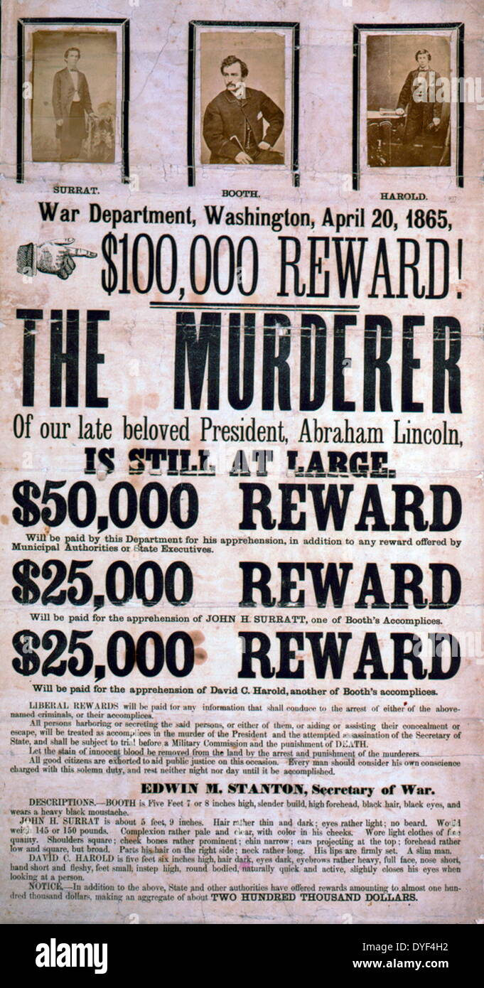 Plakat 1865 Belohnen. 100.000 $ Belohnung für John H. Surratt, John Wilkes Booth und David E. Herold. Unbekannt Stockfoto