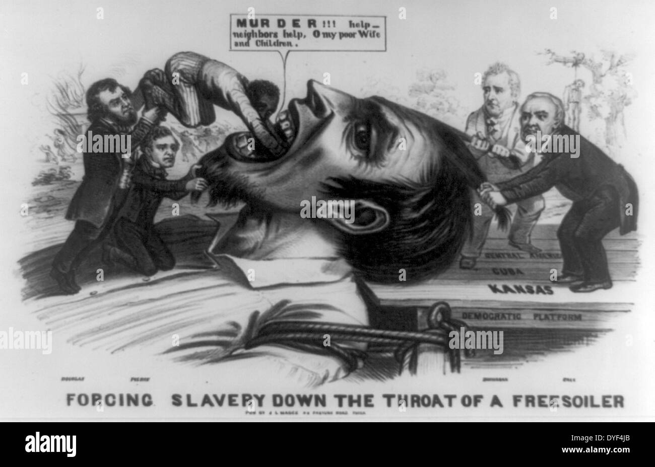 Sklaverei zwingen die Kehle eines Freesoiler 1856. Demokraten waren die Schuld für die Gewalt gegen die Siedler verübt - Sklaverei in Kansas nach dem Kansas-Nebraska Act. Magge John L. Stockfoto