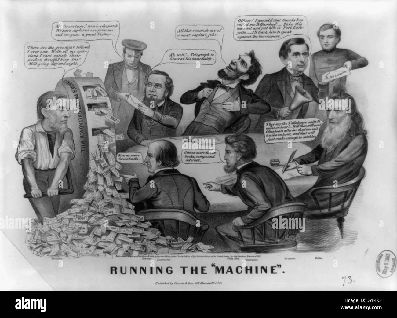 Die 'Maschine' 1828. (Im Uhrzeigersinn von links oben) Edwin McMasters Stanton, Abraham Lincoln, Staatssekretär William Henry Seward, Marine Sekretär Gideon Welles, und zwei nicht identifizierte die Auftragnehmer. Und Currier Ives Stockfoto
