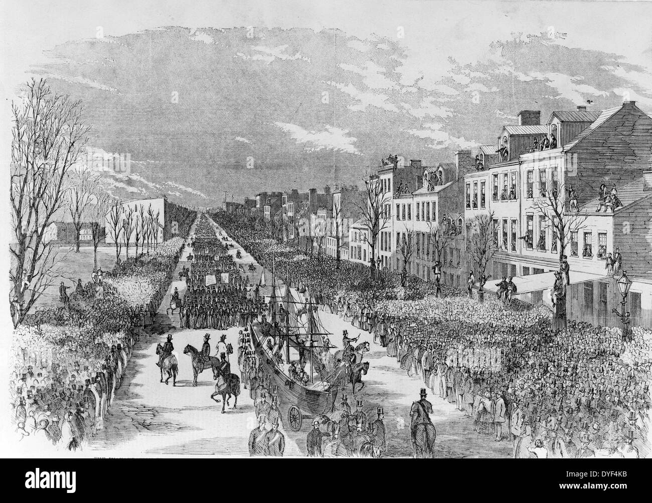 Holzstich von der Einweihung-Prozession zu Ehren von Präsident James Buchanan 1857. Stockfoto