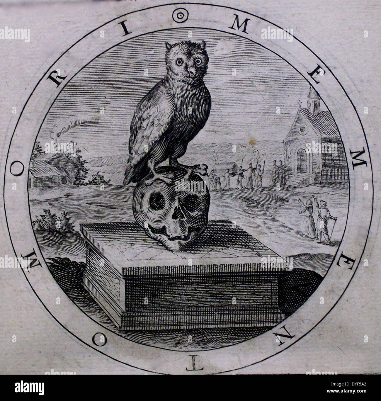 Die Eule als Symbol der Vergänglichkeit; Radierung in George Withers "A Collection of Emblemes, antike und Moderne", 1635. Stockfoto