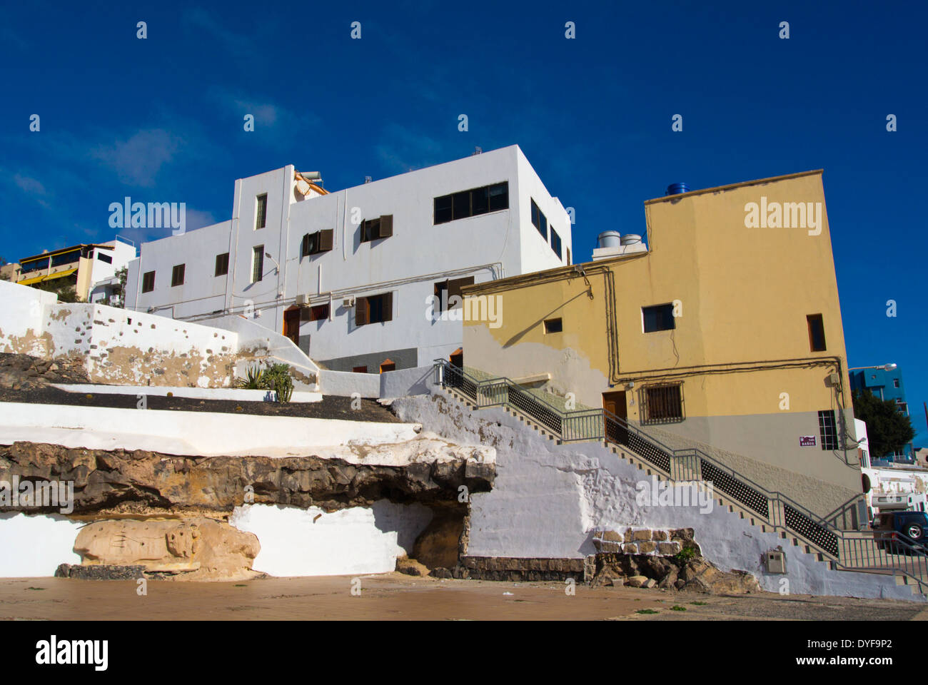 Häuser am Meer Straße, Puerto del Rosario, Fuerteventura, Kanarische Inseln, Spanien, Europa Stockfoto