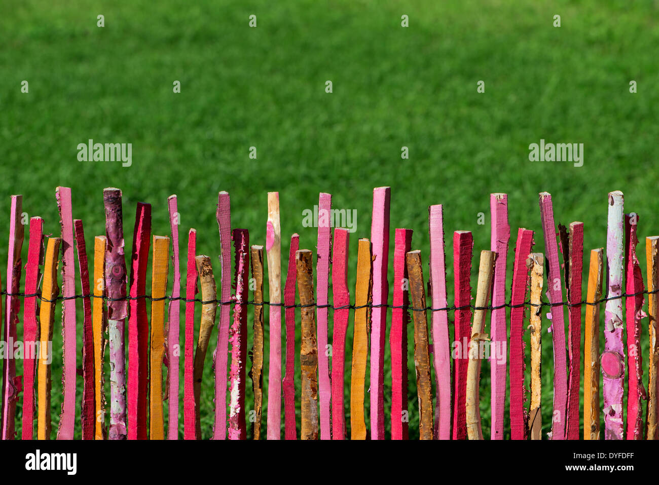 Bunte Gartenzaun mit grünem Hintergrund Stockfoto