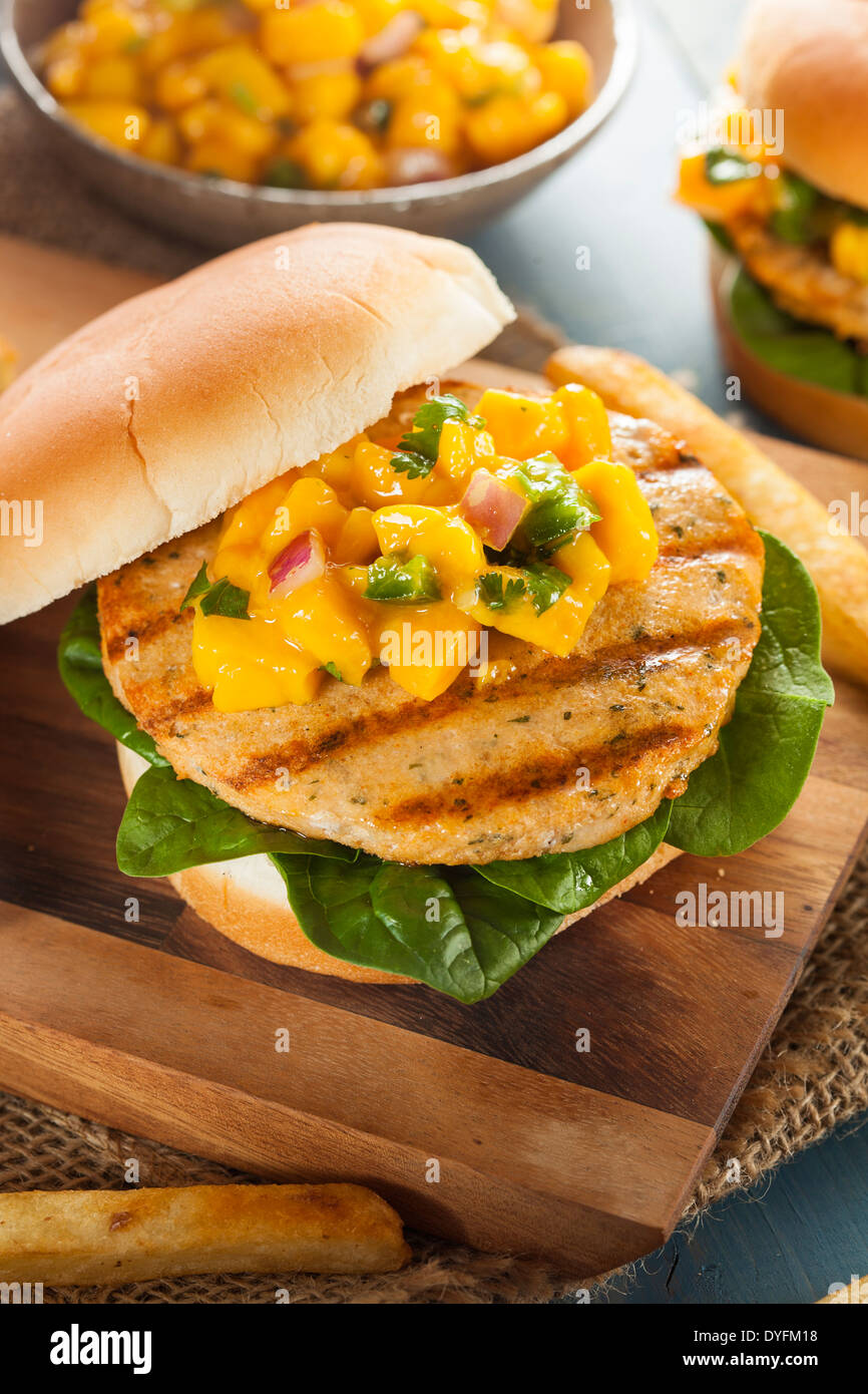 Mahi Fisch-Sandwich mit Salsa und Salat Stockfoto